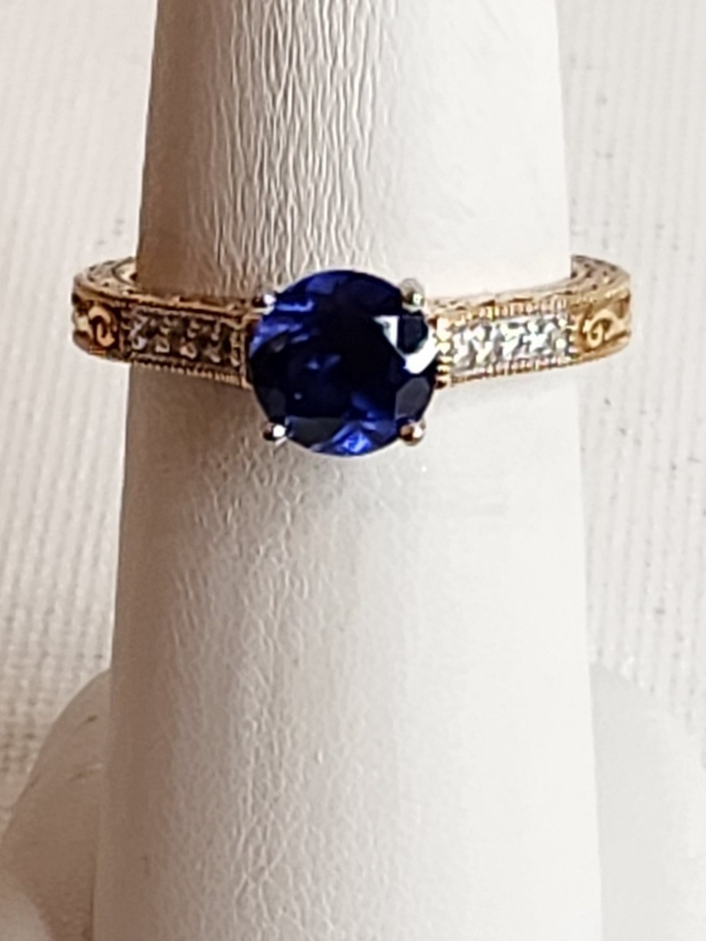 PAJ 925 Sterling Gold Plated Simulated Sapphire Solitaire Ring Edwardian Insp.